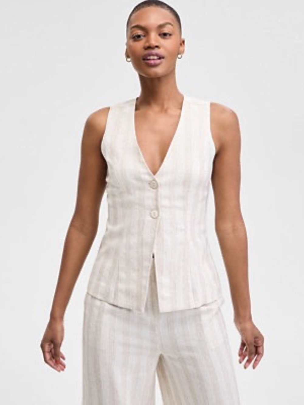 NWT And Now This Cream Striped Linen Blend Double Button Vest SZ XXL
